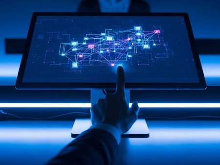 Close-up of hand touching screen with network diagram
