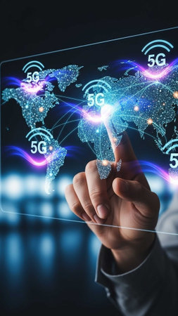 Hand interacting with holographic 5G world map