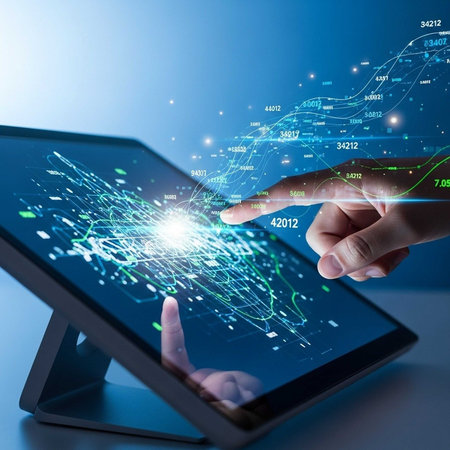 Hands manipulating 3D data on a tablet screen
