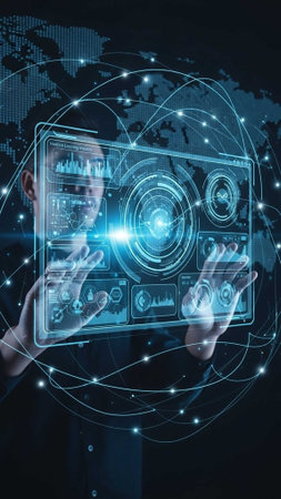 Man using holographic screen with graphs, charts, and dataの写真素材