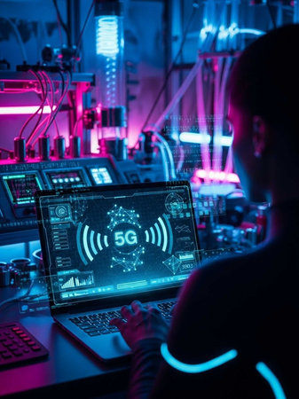 Silhouetted person using laptop with 5G interface in futuristic labの写真素材