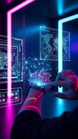 Person interacting with holographic screens displaying circuits and mapsの写真素材