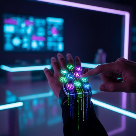 Hands manipulating glowing holographic icons in a dark settingの写真素材