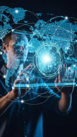 Person manipulating holographic screens with global mapの写真素材