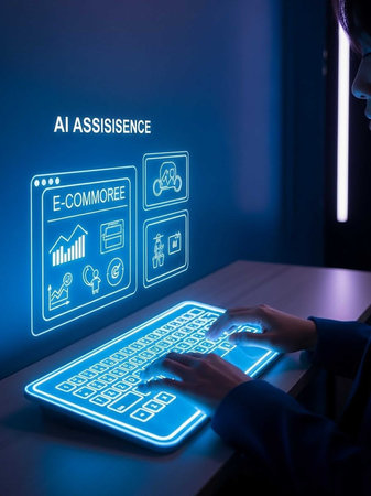 Hands typing on a holographic keyboard with AI assistance icons