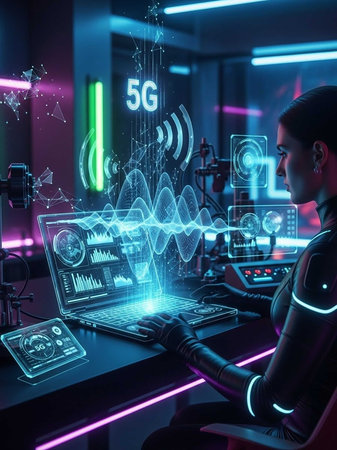 Person using holographic tech at 5G-enabled workstationの写真素材