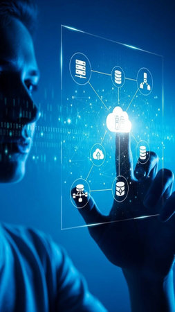 Man touching virtual screen with icons and cloudの写真素材