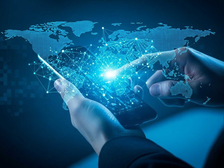 Two hands holding a smartphone with a glowing network hologram