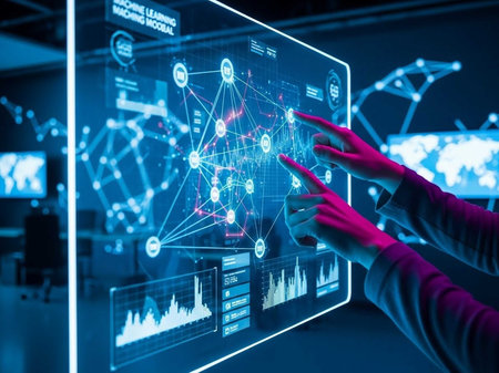 Hands manipulating a holographic network diagram with data chartsの写真素材