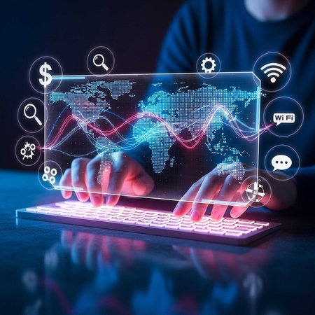 Hands typing on keyboard with holographic world map and icons