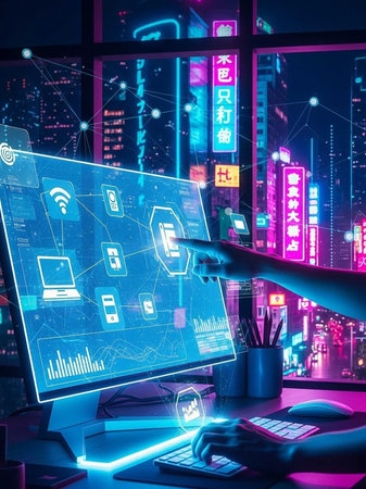 Neon-lit computer desk with holographic screen, keyboard, and city backdrop