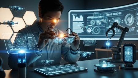 Professional adjusting smart glasses in tech lab with drones