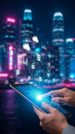 Hands interacting with tablet displaying holographic tech icons over cityの写真素材