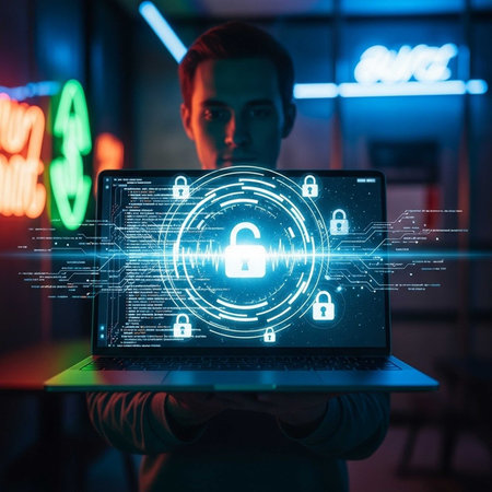 Man with laptop showing digital security hologramの写真素材