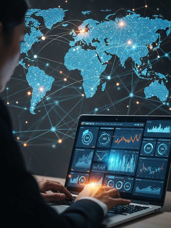 Person using laptop with global map and data analytics