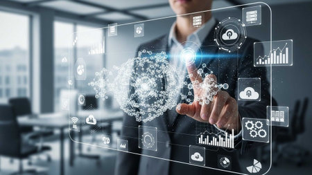 Man in suit touching virtual screens with graphs, charts, and icons