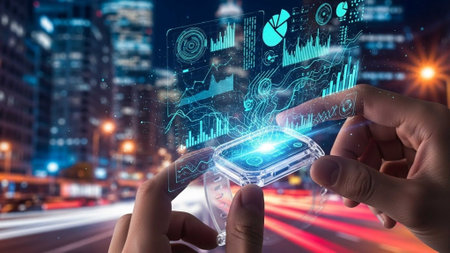 Hands interacting with holographic data on a smartphone in a cityscape