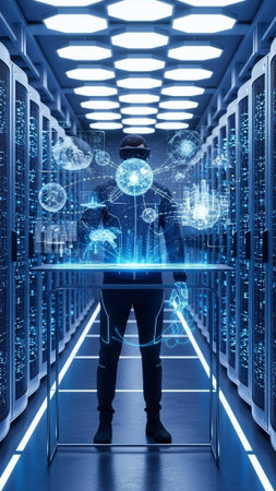 Person standing in server room with holographic displays