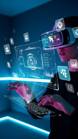 Individual wearing VR headset, interacting with holographic screens and laptop
