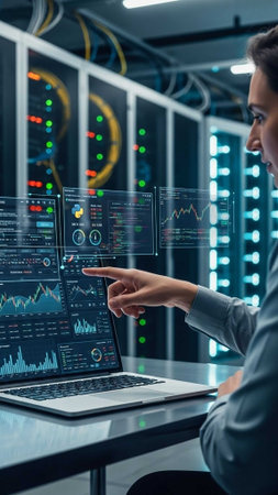Professional analyzing holographic data on laptop in server room