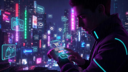 Man holding smartphone with holographic icons in futuristic neon city