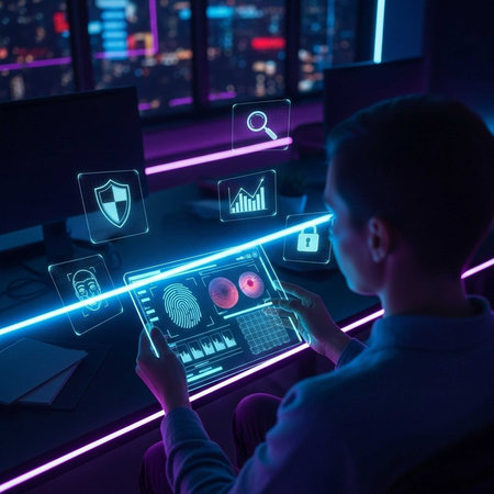 Person interacting with laptop, holographic icons, futuristic cybersecurity theme