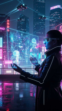 Man in coat using holographic tech in neon-lit urban environment