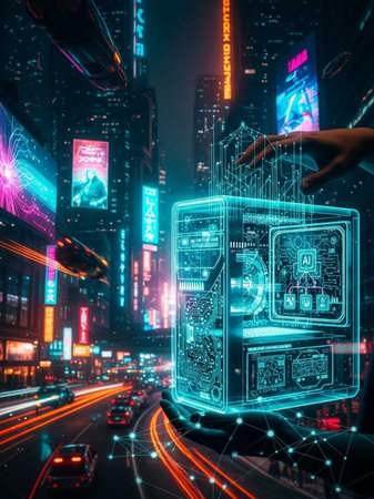 Neon-lit city with holographic computer in foreground