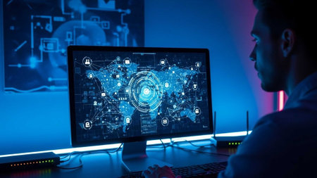 Man viewing a digital world map interface on a computer screen