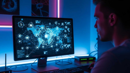 Man in blue light viewing digital interface on monitorの写真素材