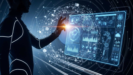 Silhouetted figure using holographic screens with charts and graphsの写真素材