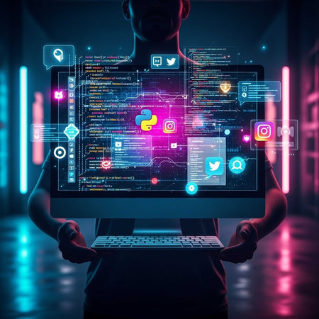 Person holding laptop displaying code, social media icons, and digital graphics