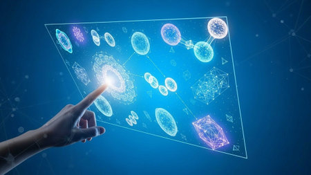 Hand pointing at glowing holographic data points