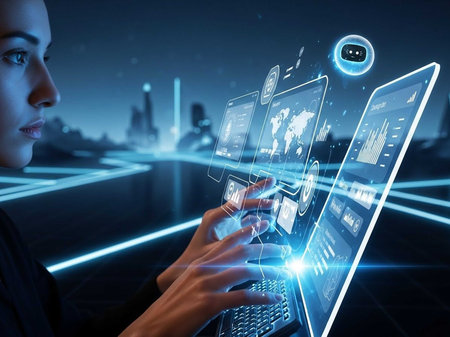 Person using laptop with holographic screens displaying data