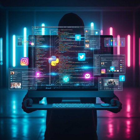 Silhouetted figure using computer with floating social media icons