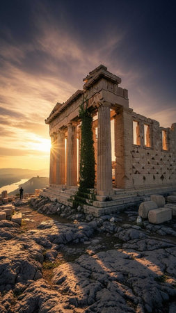 Ruins of a historic temple during sunsetの写真素材