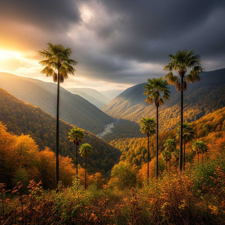 Sunrise illuminating palm trees in an autumn valleyの写真素材