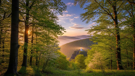 Sun rising through trees in lush green valleyの写真素材