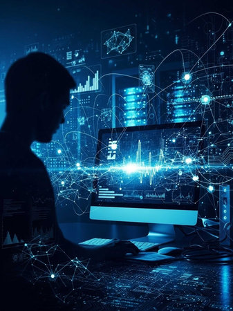 Person using computer with data, charts, and digital networks