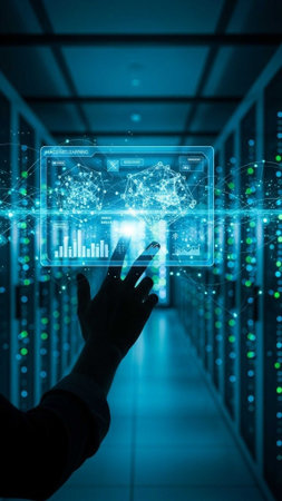 Hand touching holographic interface displaying data in a server room