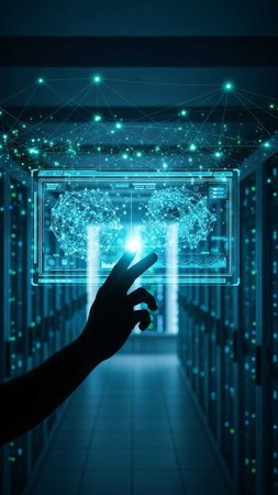 Person touching holographic neural network in a futuristic data center.
