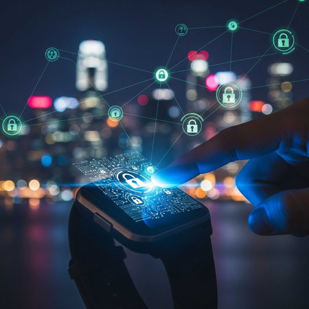 Hand using smartwatch with glowing security icons, cityscape backgroundの写真素材