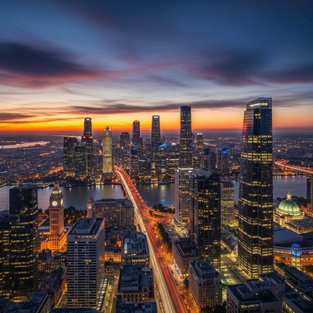 Urban skyline at dusk with illuminated skyscrapers, traffic lights, and a river.