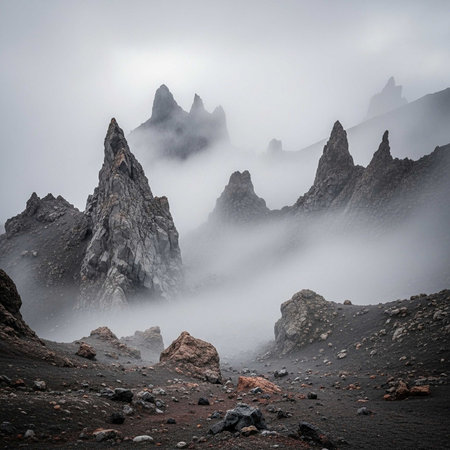 Sharp rock formations shrouded in misty fog