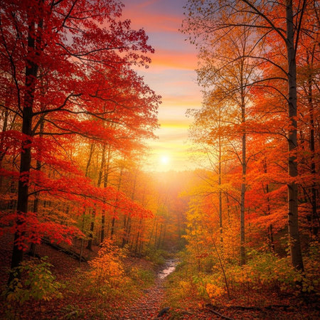 Sunrise in a forest with autumn leaves and a streamの写真素材