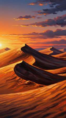 Golden sunset illuminating wavy sand dunesの写真素材