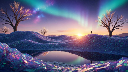 Silhouette of person on hill with aurora, sunset, and reflective waterの写真素材