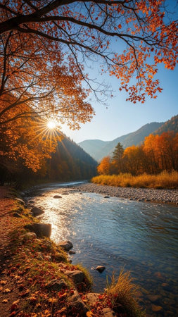 Sunny autumn river with vibrant foliage and mountainsの写真素材