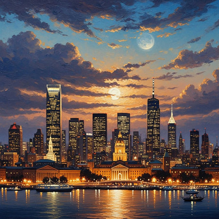 City skyline at dusk with tall buildings, moon, and waterfront lightsの写真素材