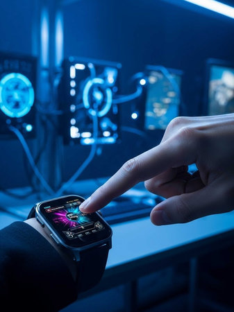 Close-up of hand using smartwatch in blue-lit room